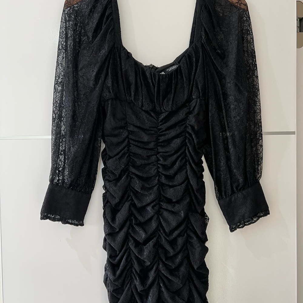 Zara Black Bodycon Mini Dress with Bishop Sleeves